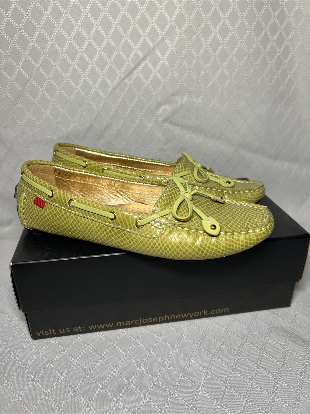 Marc Joseph Olive Green Patent Snakeskin Driving Loafers
